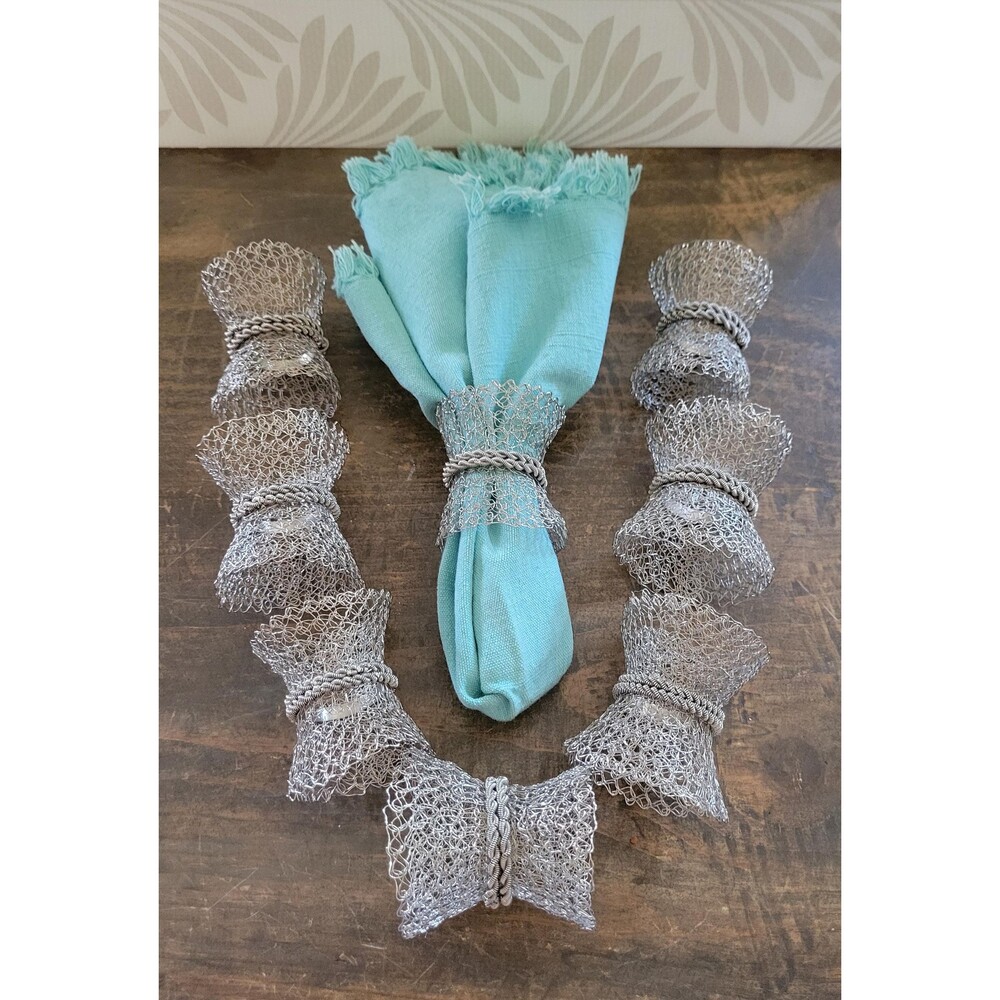 Vintage Silver Wire Mesh Corset Napkin Rings Industrial Modern - 8